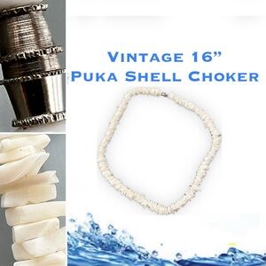 🐚Vintage White Puka Shell Chip Choker Necklace 16” Surfer Beach Boho Unisex